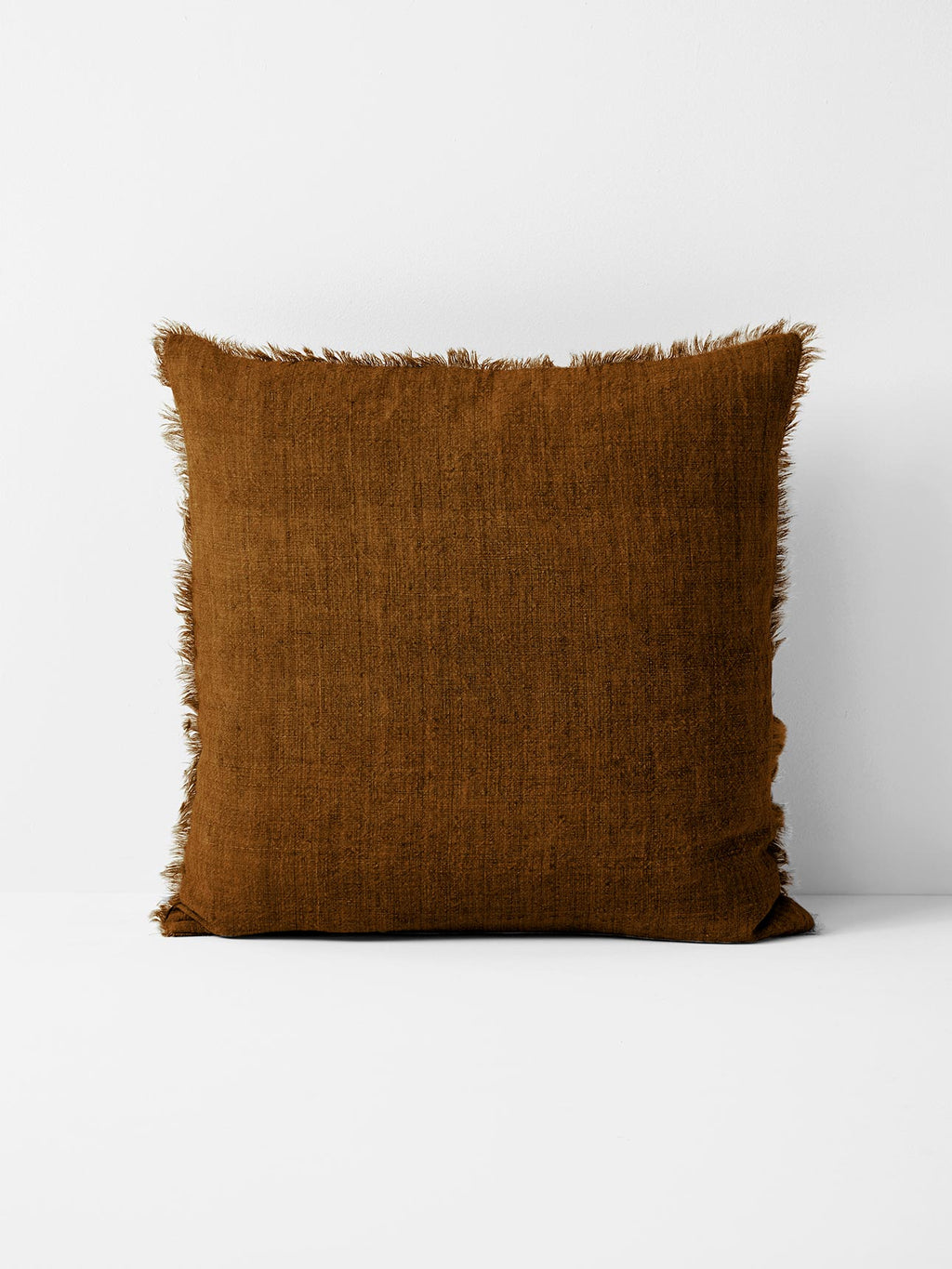Vintage Linen Fringe Square Cushion in Tobacco