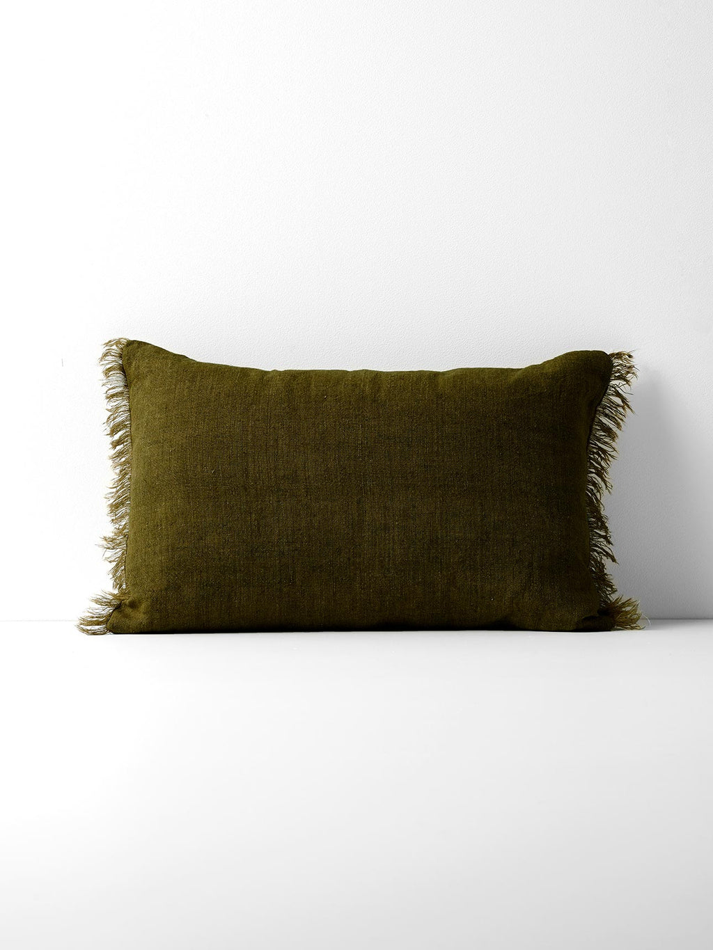 Vintage Linen Fringe Rectangle Cushion in Khaki