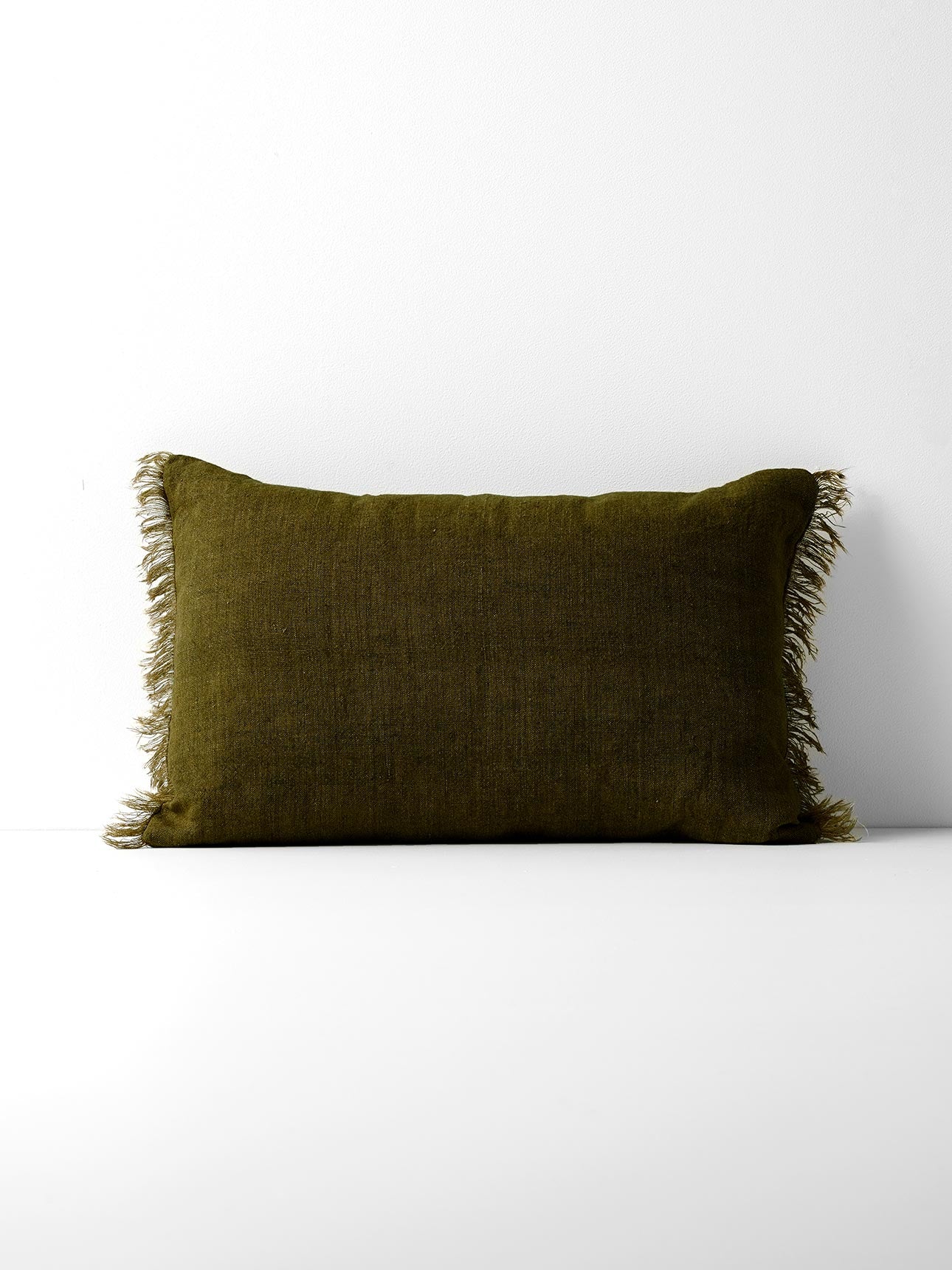 Vintage Linen Fringe Rectangle Cushion in Khaki
