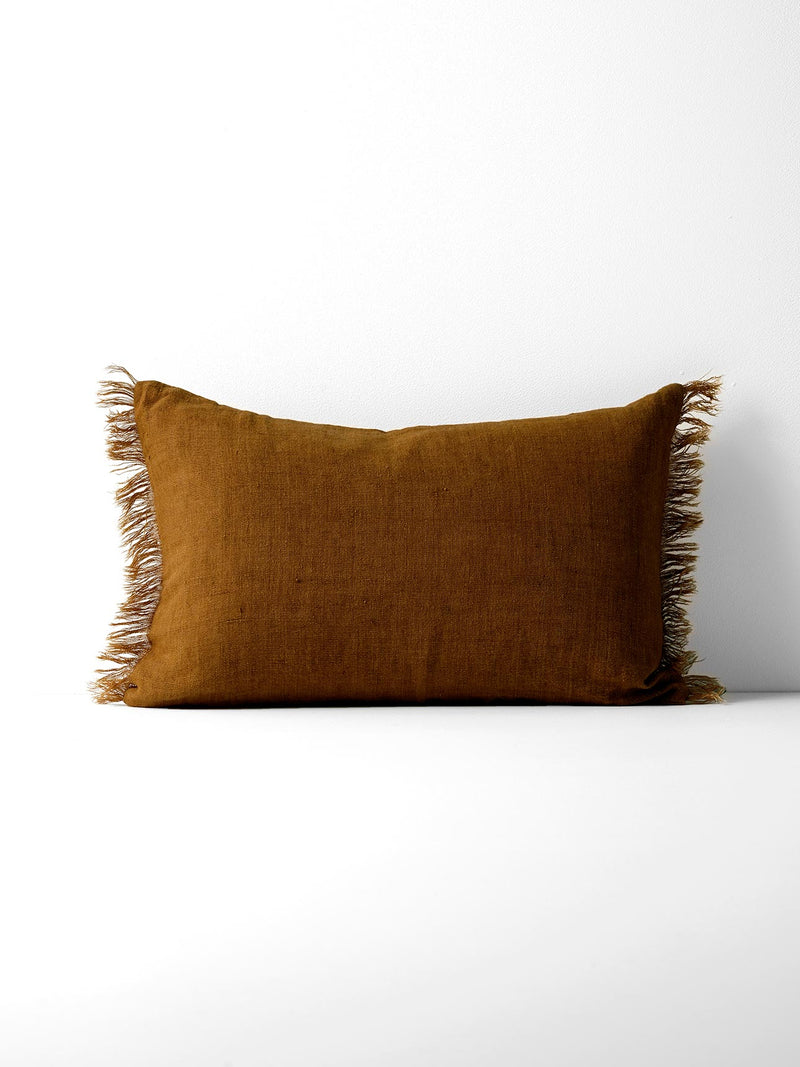 Vintage Linen Fringe Rectangle Cushion in Tobacco