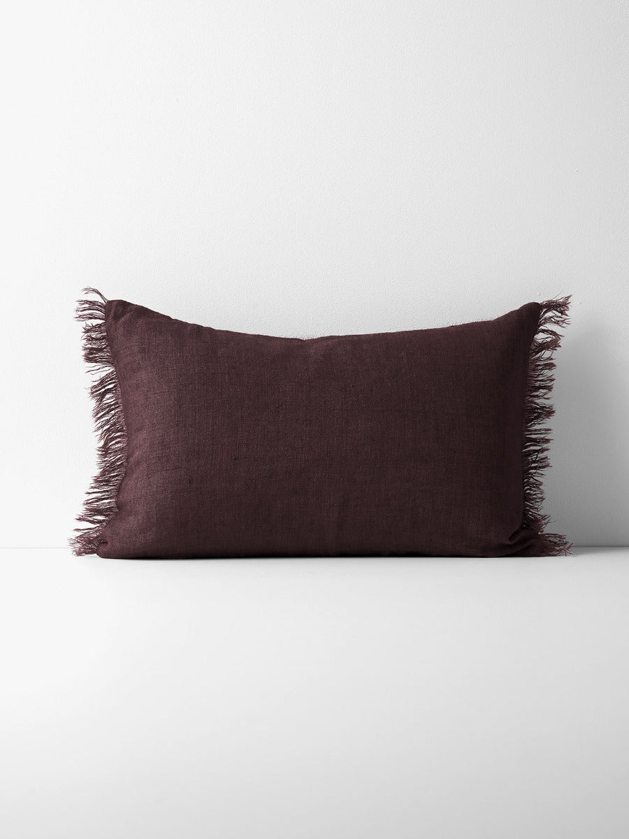 Vintage Linen Fringe Rectangle Cushion in Mulberry