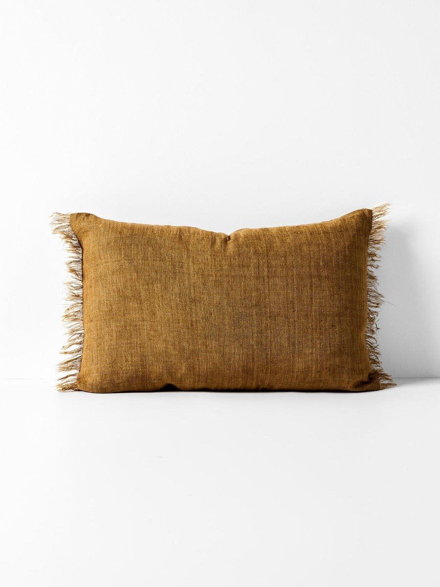 Vintage Linen Fringe Rectangle Cushion in Bronze
