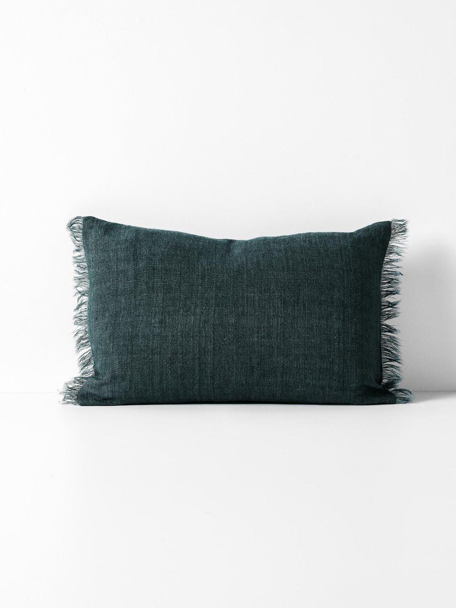 Vintage Linen Fringe Rectangle Cushion in Storm