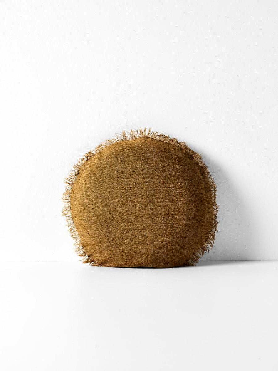 Vintage Linen Fringe Round Cushion in Bronze - Small