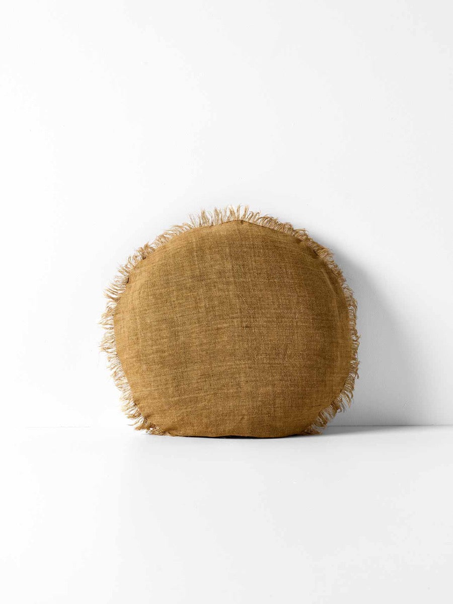 Vintage Linen Fringe Round Cushion in Bronze - Small