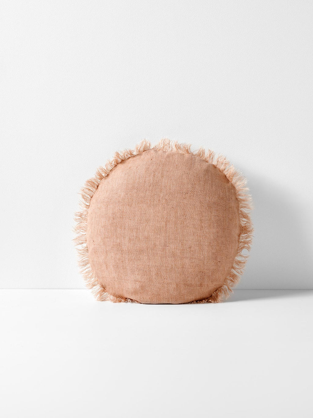 Vintage Linen Fringe Round Cushion in Clay - Small