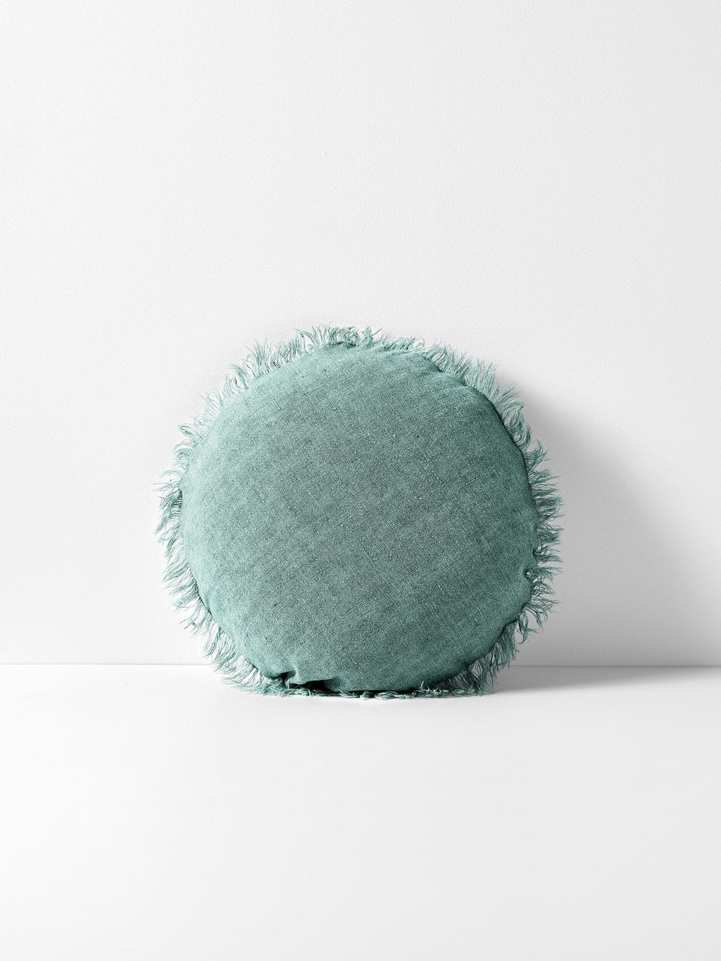 Vintage Linen Fringe Round Cushion in Jade - Small