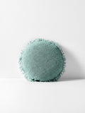 Vintage Linen Fringe Round Cushion in Jade - Small