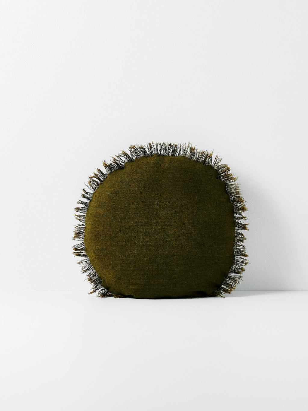 Vintage Linen Fringe Round Cushion in Khaki - Small