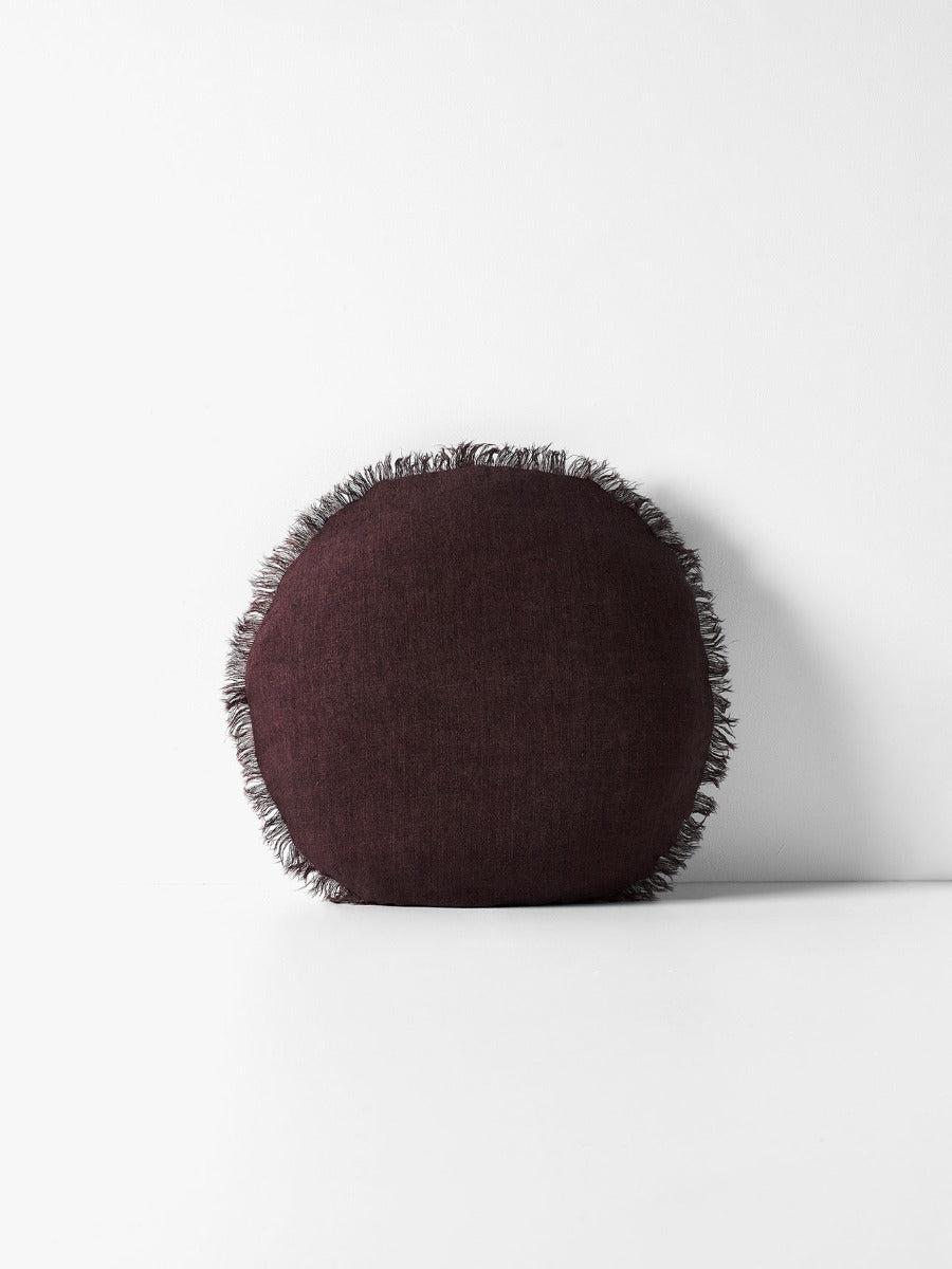 Vintage Linen Fringe Round Cushion in Mulberry - Small
