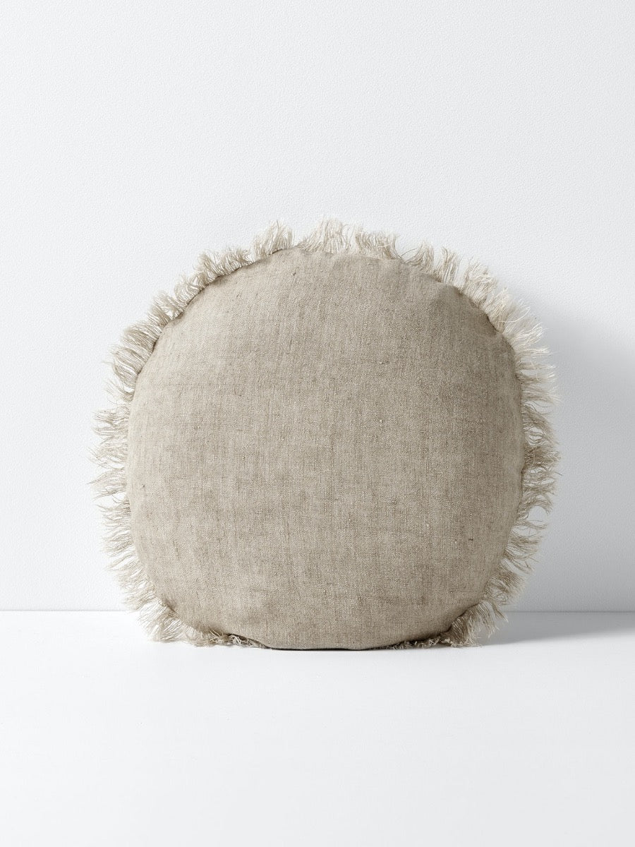 Vintage Linen Fringe Round Cushion in Natural - Large