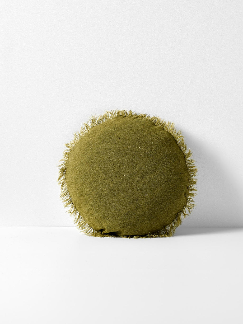 Vintage Linen Fringe Round Cushion in Olive - Large