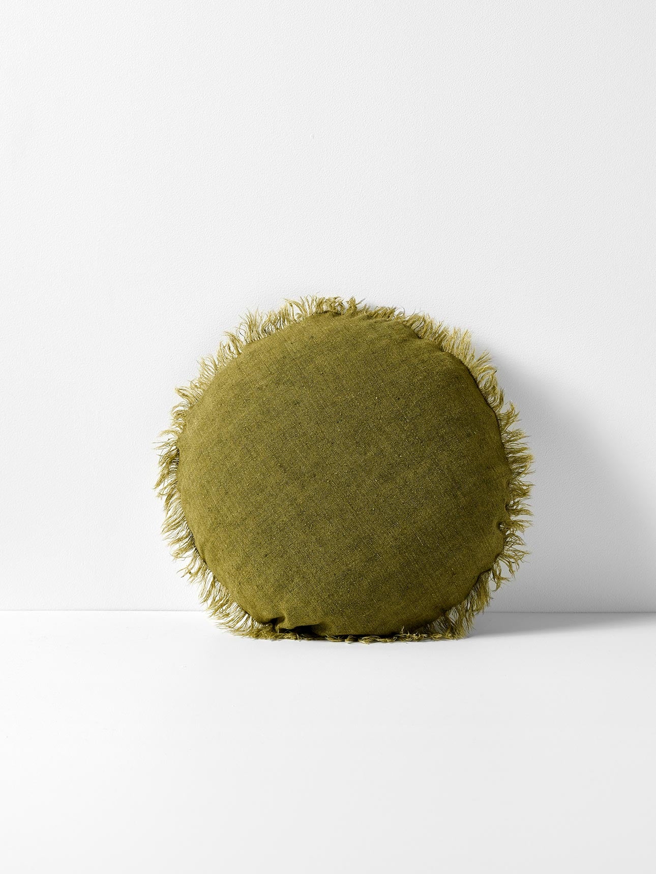 Vintage Linen Fringe Round Cushion in Olive - Small