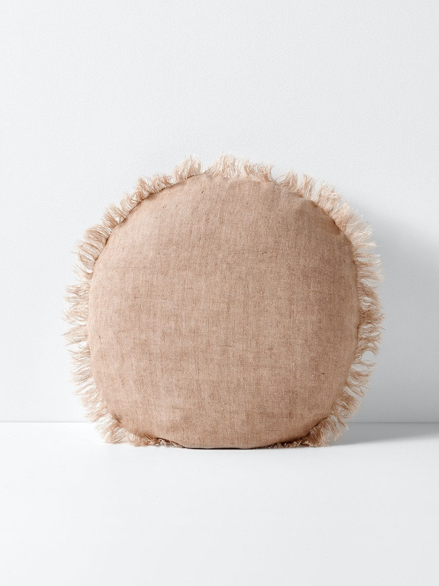 Vintage Linen Fringe Round Cushion in Clay - Large