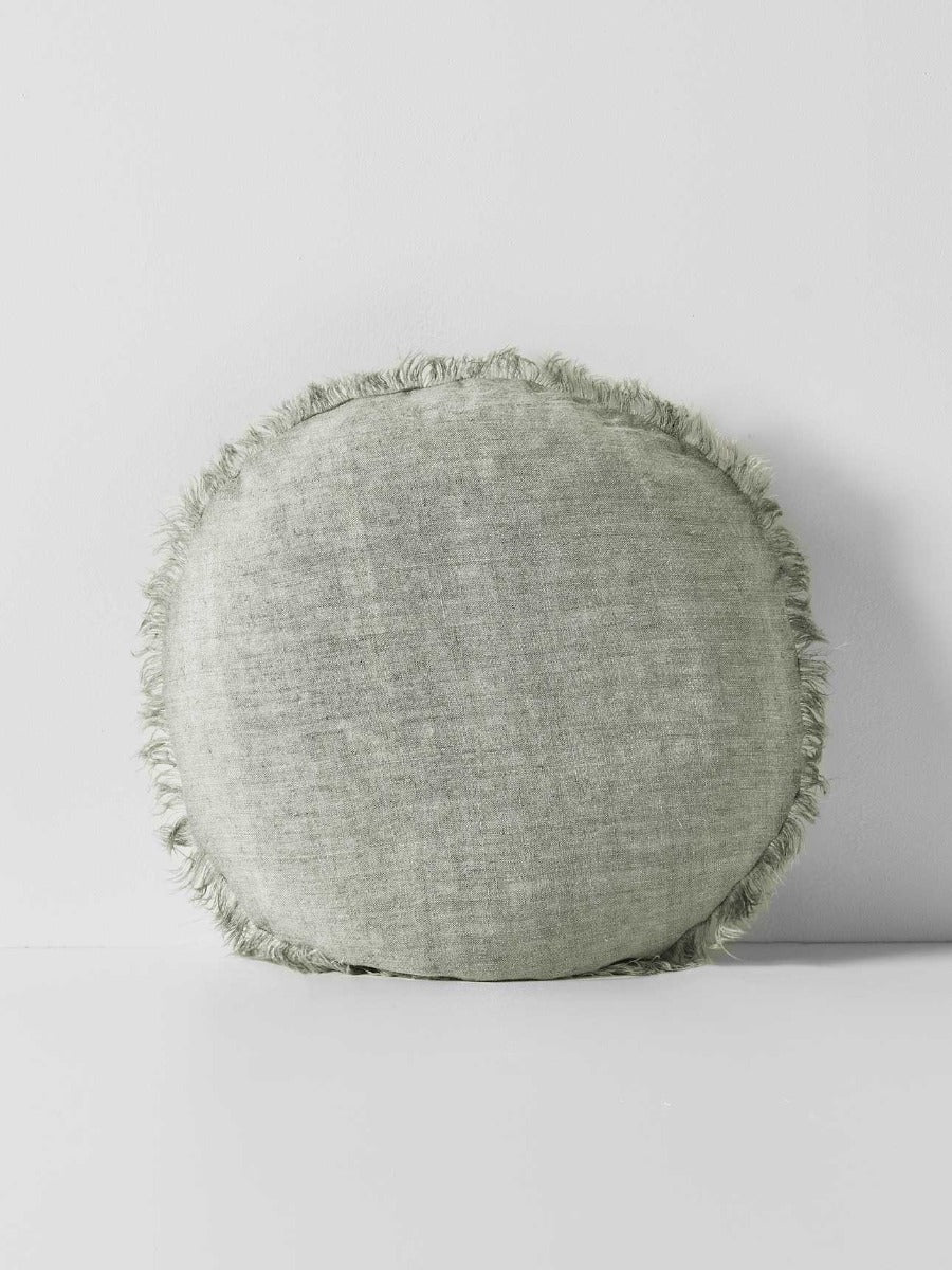 Vintage Linen Fringe Round Cushion in Sage - Small