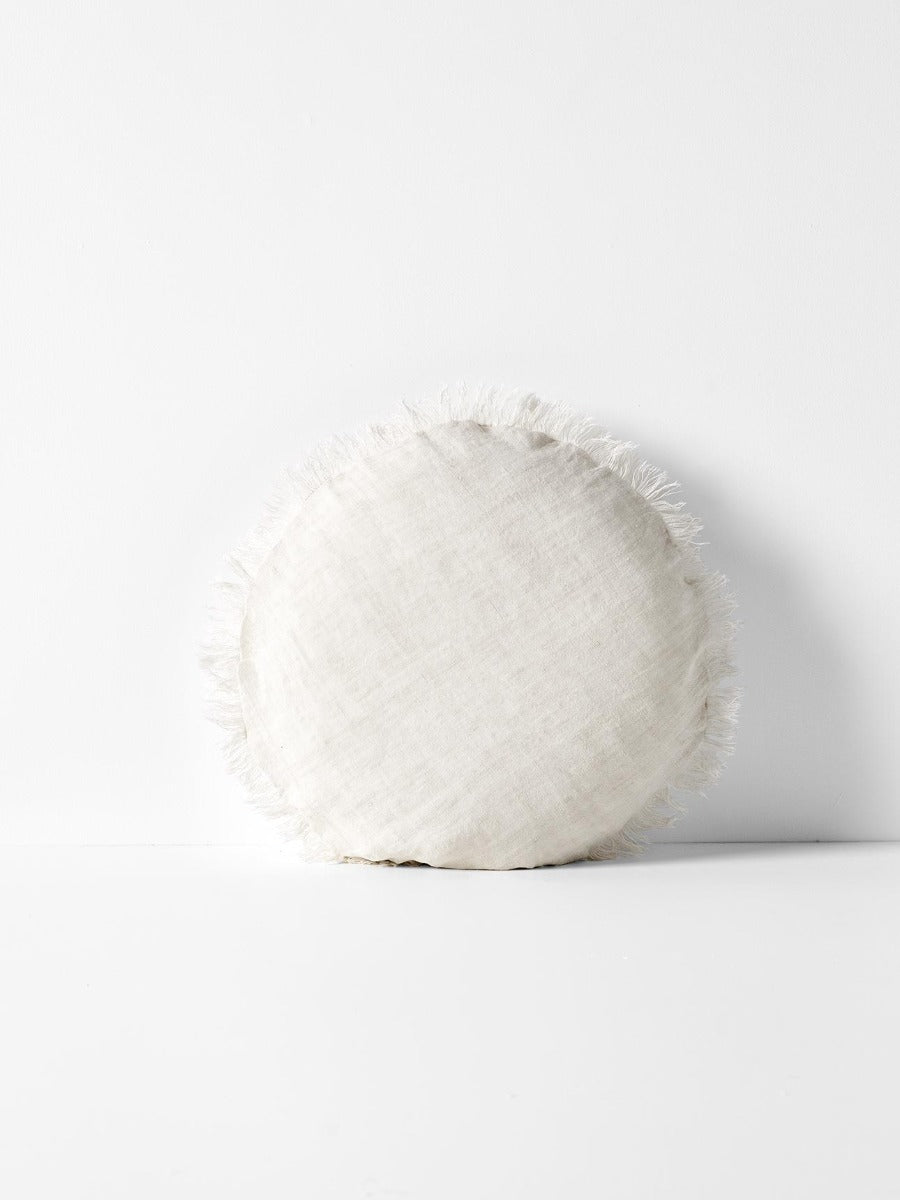 Vintage Linen Fringe Round Cushion in Sand - Small