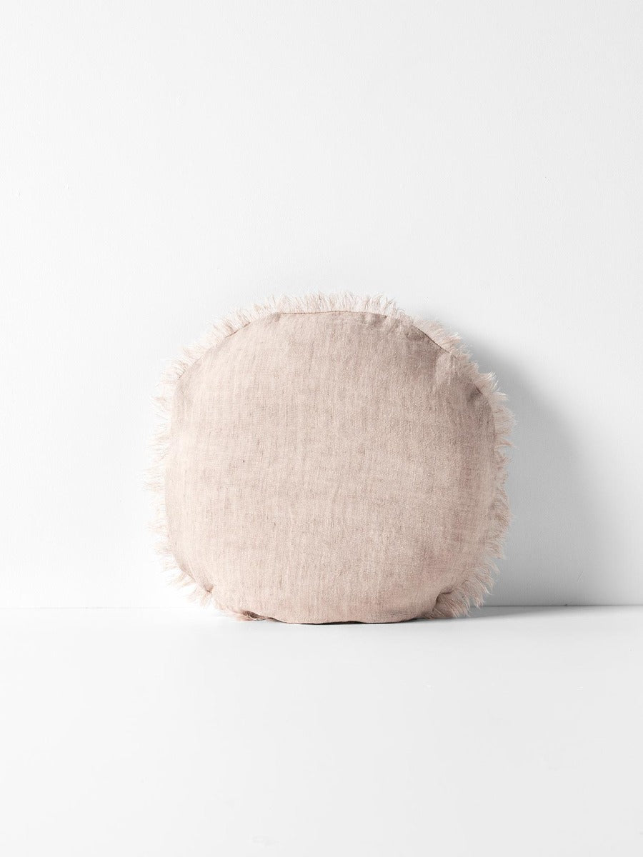 Vintage Linen Fringe Round Cushion in Shell - Small