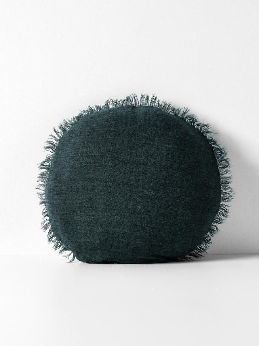Vintage Linen Fringe Round Cushion in Storm - Large