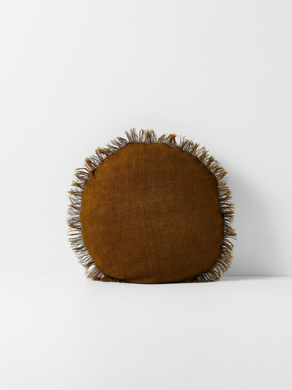 Vintage Linen Fringe Round Cushion in Tobacco - Small
