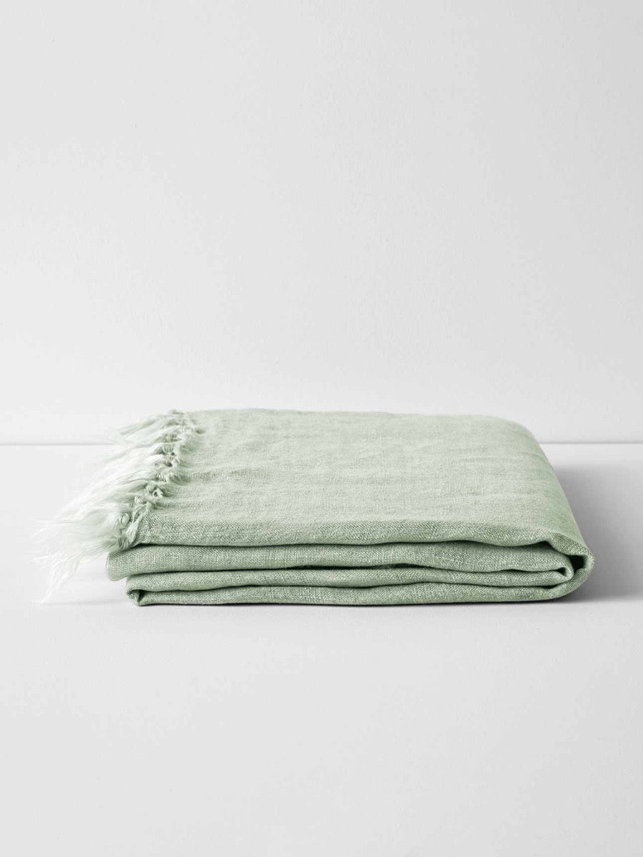 Vintage Linen Fringe Throw in Sage