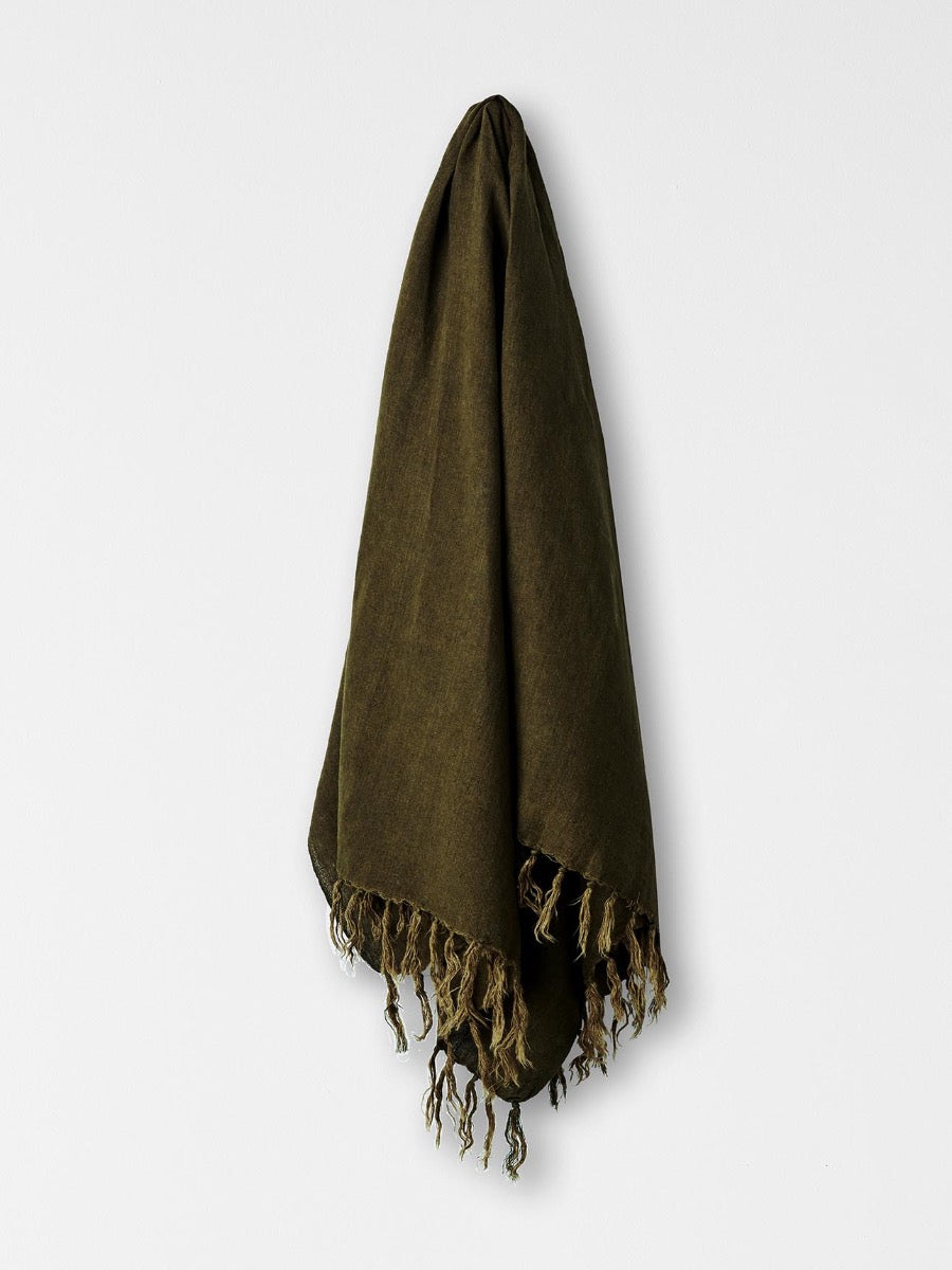 Vintage Linen Fringe Throw in Khaki