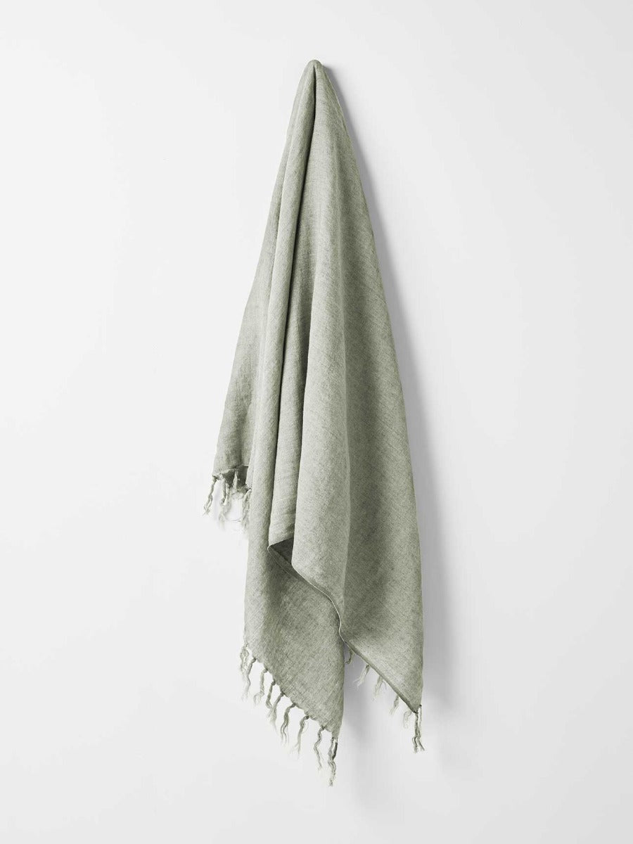 Vintage Linen Fringe Throw in Sage