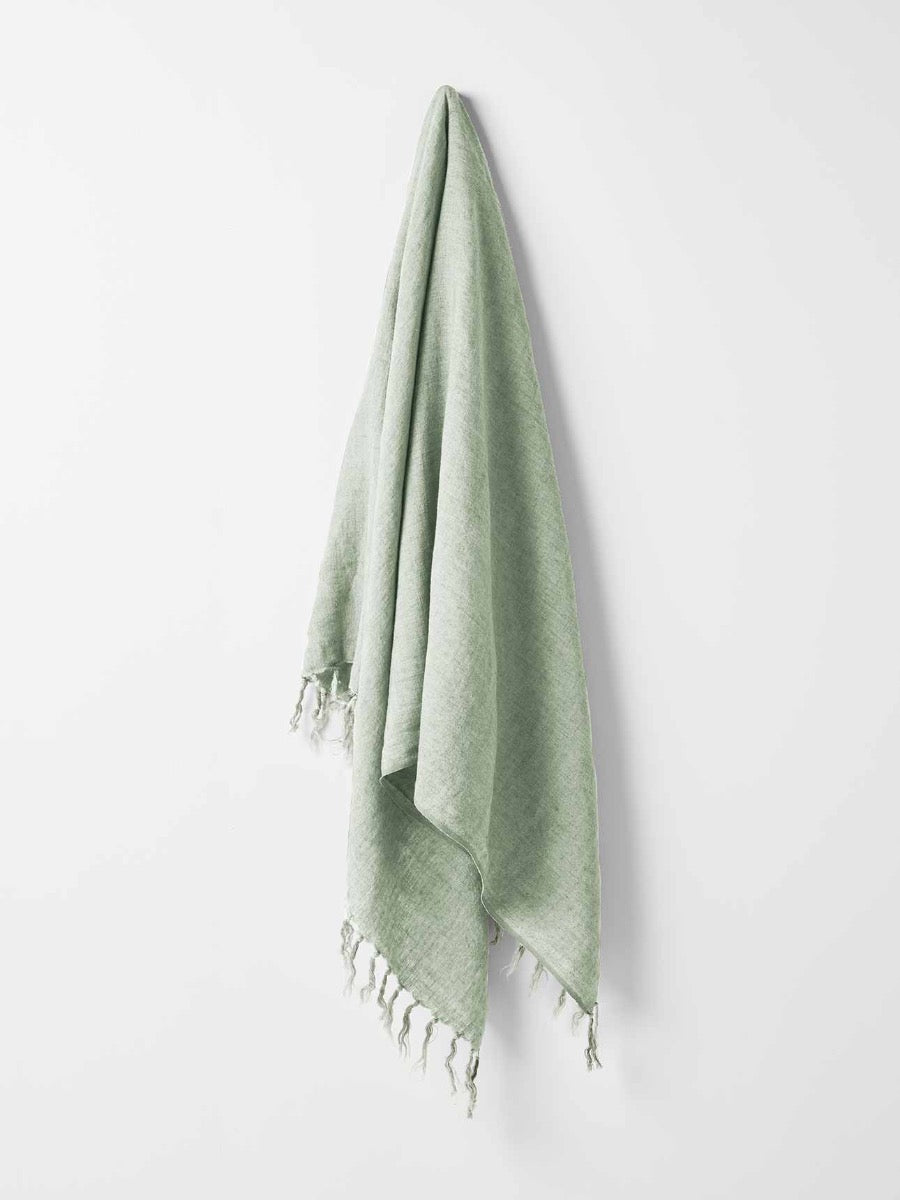 Vintage Linen Fringe Throw in Sage