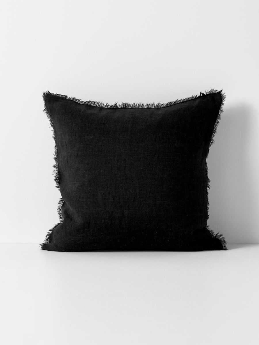 Vintage Linen Fringe Cushion in Black